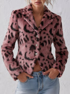 Stylish Pink Leopard-Print Faux Fur Collar Short Coat