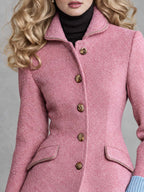 Vintage Pink Wool-Blend Herringbone Tweed Blazer Women Button Front Contrast Cuff Jacket