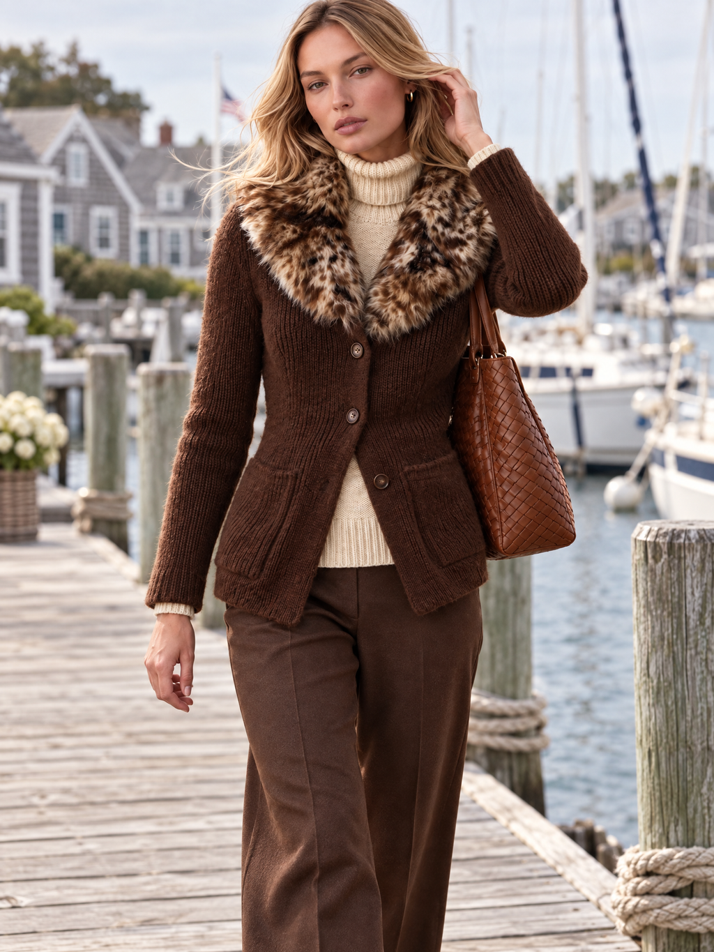 Vintage-Chic Women's Faux Fur Leopard Collar Chunky Knit Cardigan Sweater Jacket