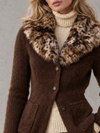 Vintage-Chic Women's Faux Fur Leopard Collar Chunky Knit Cardigan Sweater Jacket
