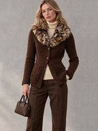 Vintage-Chic Women's Faux Fur Leopard Collar Chunky Knit Cardigan Sweater Jacket