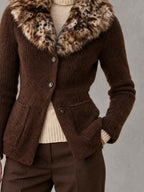 Vintage-Chic Women's Faux Fur Leopard Collar Chunky Knit Cardigan Sweater Jacket