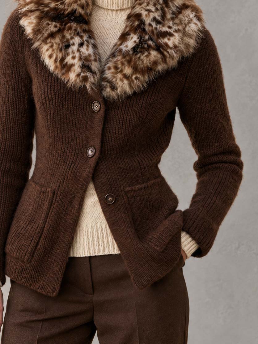 Vintage-Chic Women's Faux Fur Leopard Collar Chunky Knit Cardigan Sweater Jacket