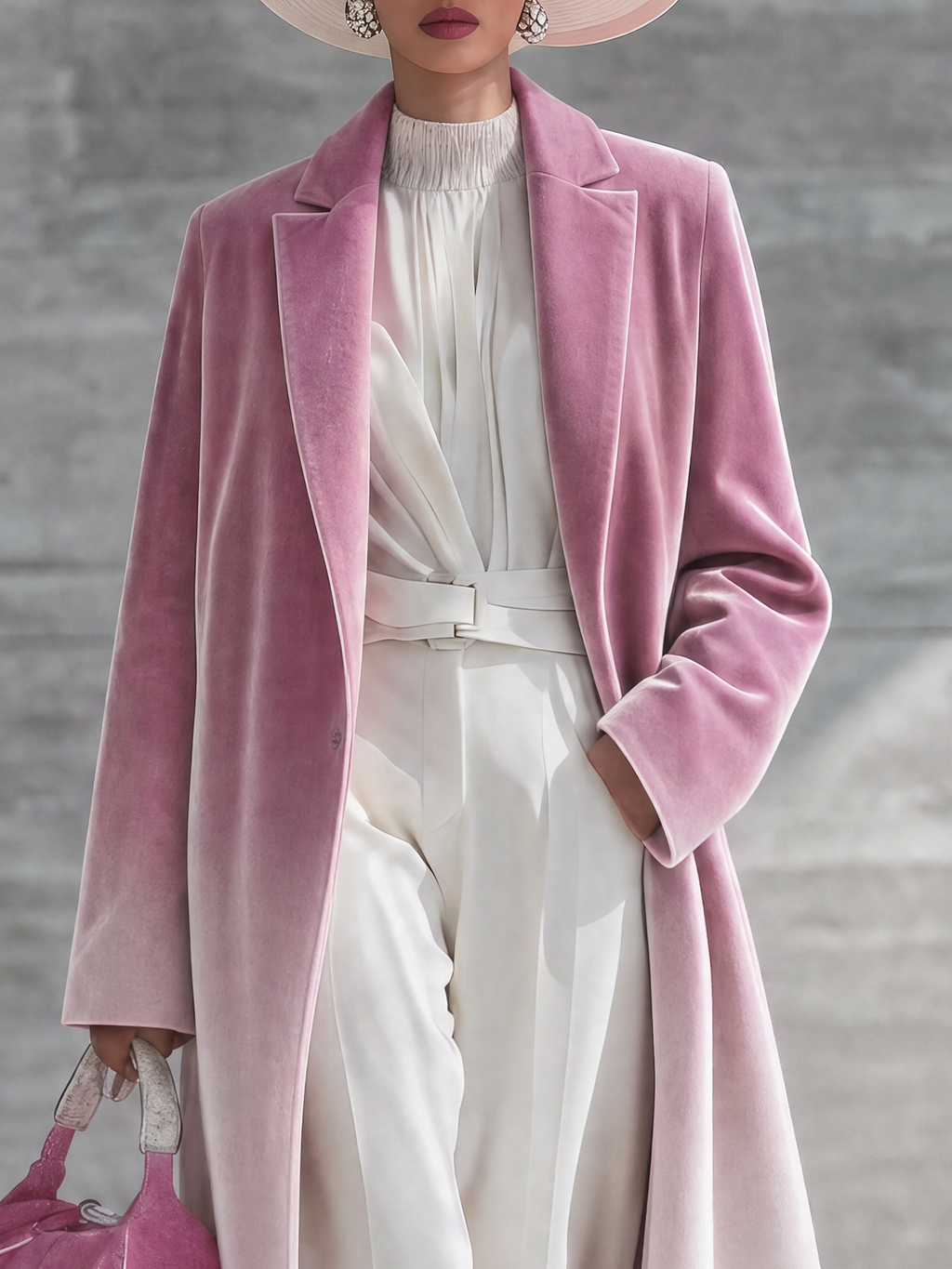 Elegant Women's Long Velvet Coat Pink Ombre Leopard Lapel Dressy Party Jacket Coat