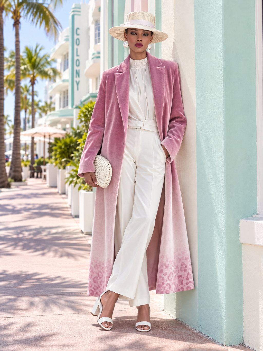 Elegant Women's Long Velvet Coat Pink Ombre Leopard Lapel Dressy Party Jacket Coat