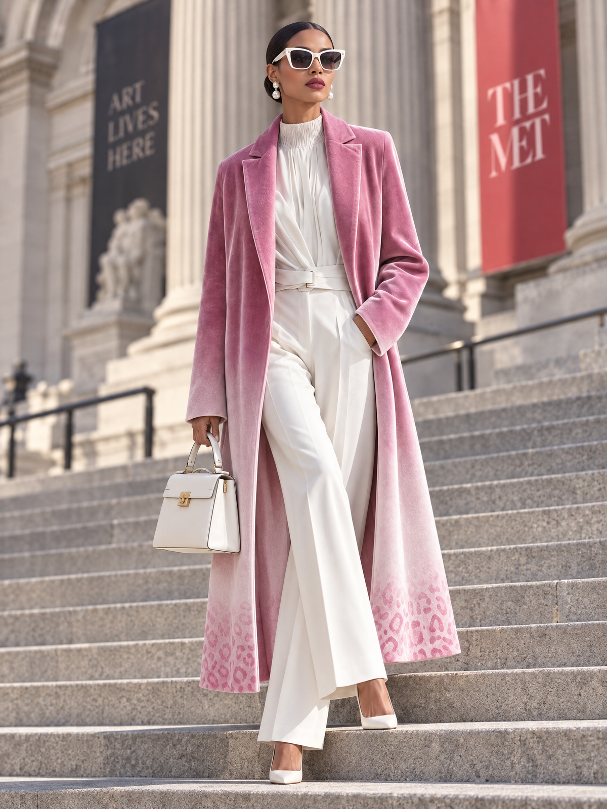 Elegant Women's Long Velvet Coat Pink Ombre Leopard Lapel Dressy Party Jacket Coat