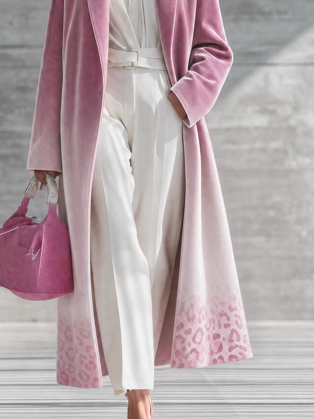 Elegant Women's Long Velvet Coat Pink Ombre Leopard Lapel Dressy Party Jacket Coat