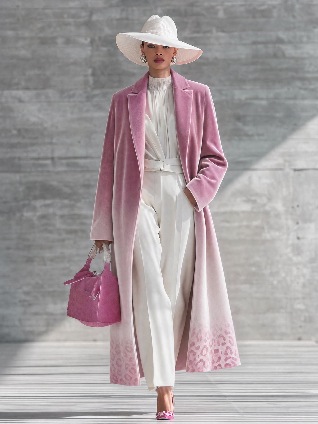 Elegant Women's Long Velvet Coat Pink Ombre Leopard Lapel Dressy Party Jacket Coat