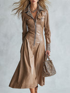 Elegant Leopard-print Trim Lapel Khaki PU Midi Dress