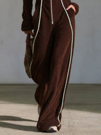 Retro Casual Brown Fleece Leopard-Lined Hooded Zip-Up Contrast-Piping Wide-Leg Jumpsuit