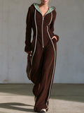 Retro Casual Brown Fleece Leopard-Lined Hooded Zip-Up Contrast-Piping Wide-Leg Jumpsuit
