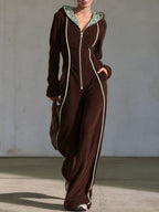 Retro Casual Brown Fleece Leopard-Lined Hooded Zip-Up Contrast-Piping Wide-Leg Jumpsuit