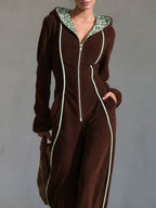 Retro Casual Brown Fleece Leopard-Lined Hooded Zip-Up Contrast-Piping Wide-Leg Jumpsuit