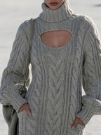 Retro Chic Gray Turtleneck Openwork Cable Knit Ruffle Mini Dress