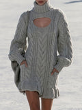 Retro Chic Gray Turtleneck Openwork Cable Knit Ruffle Mini Dress