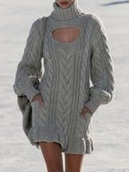 Retro Chic Gray Turtleneck Openwork Cable Knit Ruffle Mini Dress