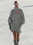 Retro Chic Gray Turtleneck Openwork Cable Knit Ruffle Mini Dress