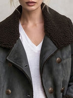 Retro Casual Gray Faux Suede And Faux Wool Collar Double-breasted Jacket