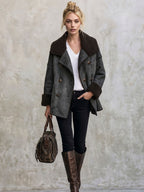 Retro Casual Gray Faux Suede And Faux Wool Collar Double-breasted Jacket