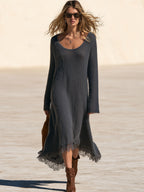 Stylish Round Neck Dark Gray Knit Long-sleeved Lace Midi Dress