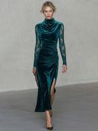 Retro-chic Blue-green Velvet Lace Sleeve Drop Neck Slit Midi Dress