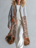 Chic Urban Faux-Fur Hem Grey Patchwork Leopard-Print Coat