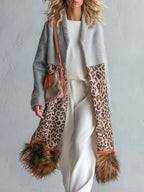 Chic Urban Faux-Fur Hem Grey Patchwork Leopard-Print Coat