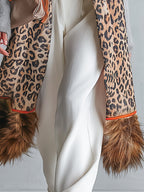 Chic Urban Faux-Fur Hem Grey Patchwork Leopard-Print Coat
