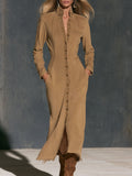 Fashionable Retro Camel Denim Frayed Cardigan Midi Dress