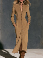 Fashionable Retro Camel Denim Frayed Cardigan Midi Dress