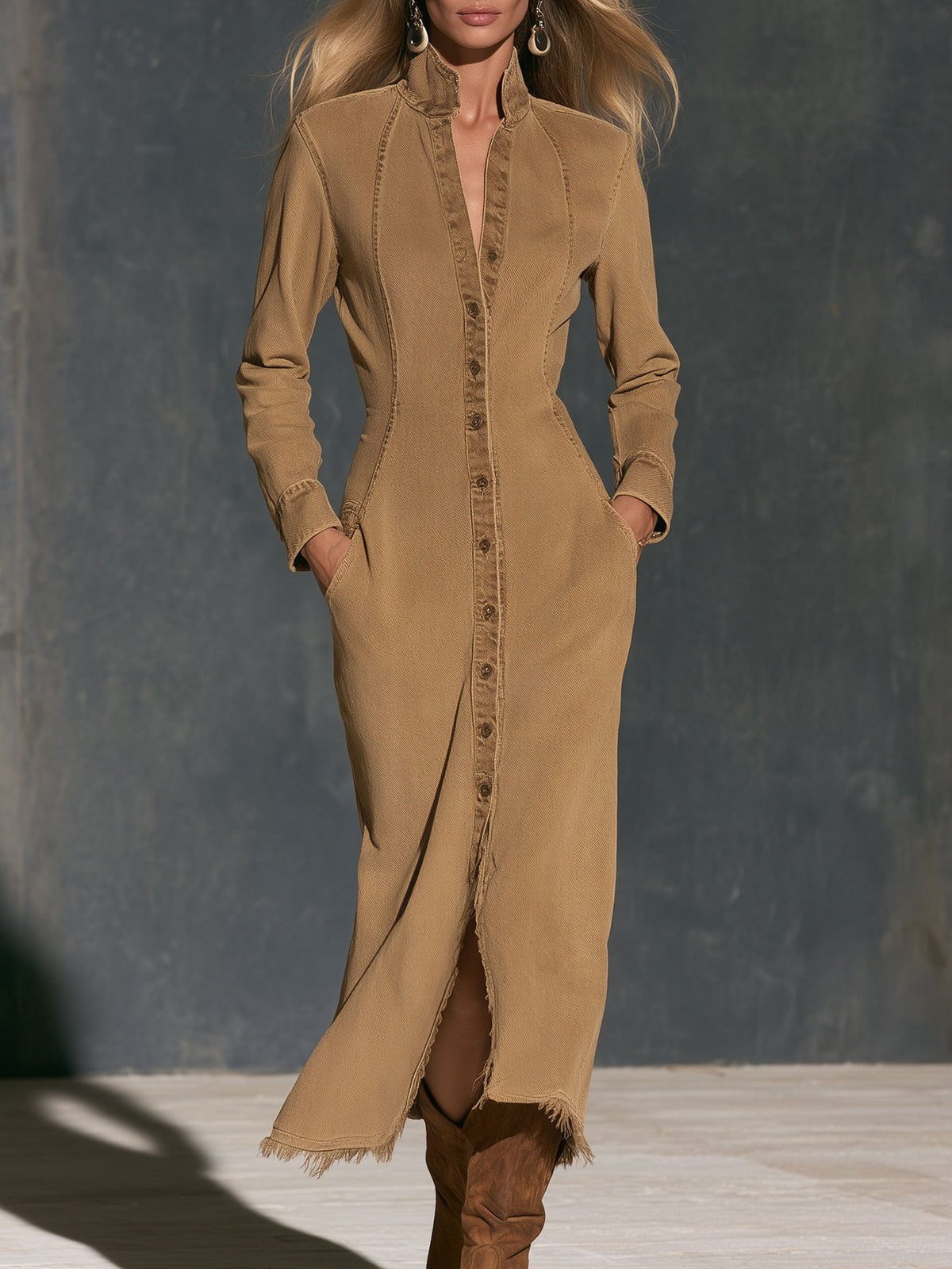 Fashionable Retro Camel Denim Frayed Cardigan Midi Dress
