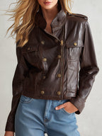 Stylish Urban Brown Stand-collar Zip-up PU Jacket