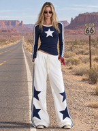 Retro Western-style Striped Wide-leg Sweatpants With White Star Patches