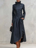 Vintage Fashion Leather Maxi Dress Coat High Collar Asymmetric Hem Long Sleeve