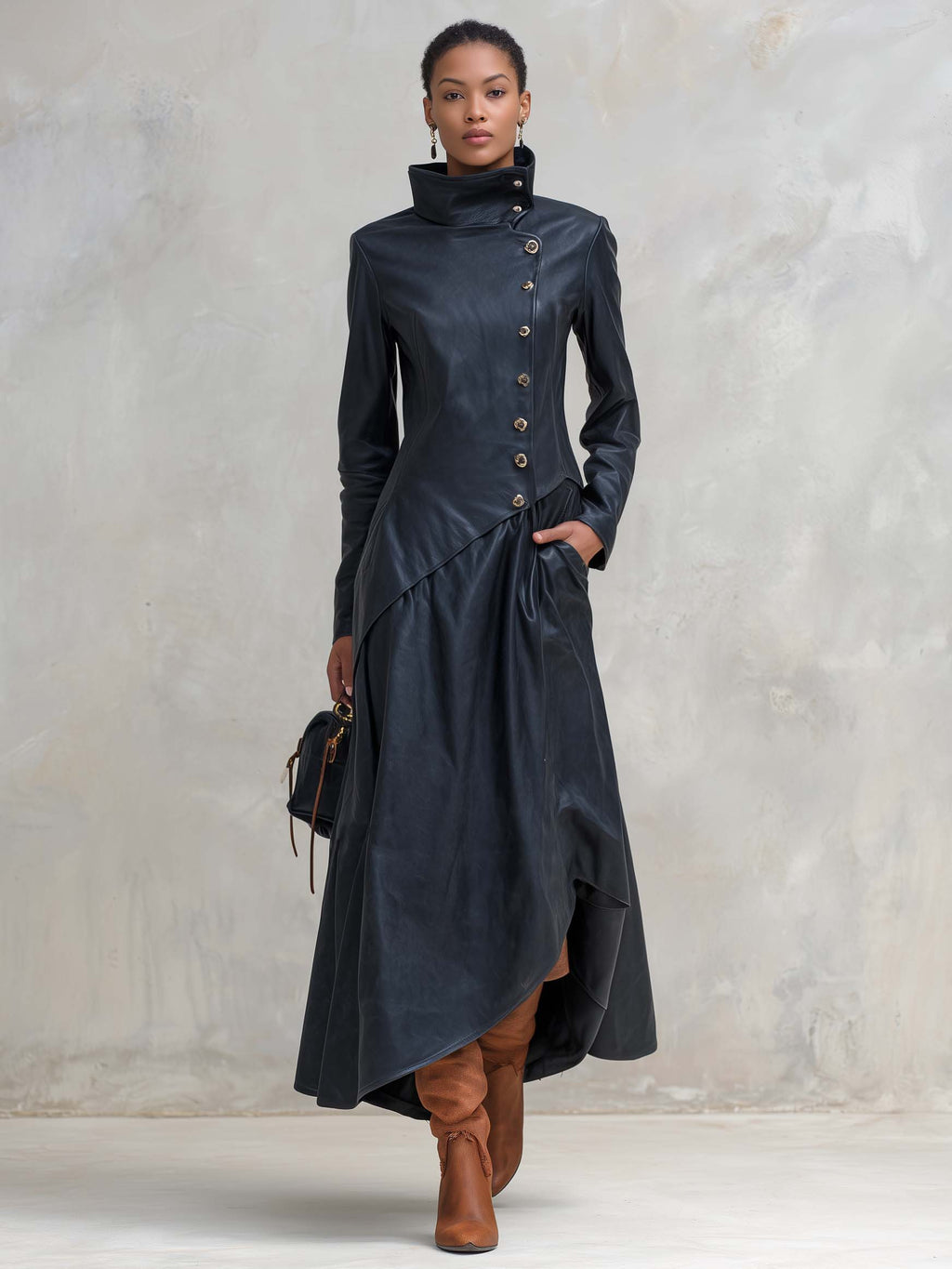 Vintage Fashion Leather Maxi Dress Coat High Collar Asymmetric Hem Long Sleeve
