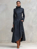 Vintage Fashion Leather Maxi Dress Coat High Collar Asymmetric Hem Long Sleeve