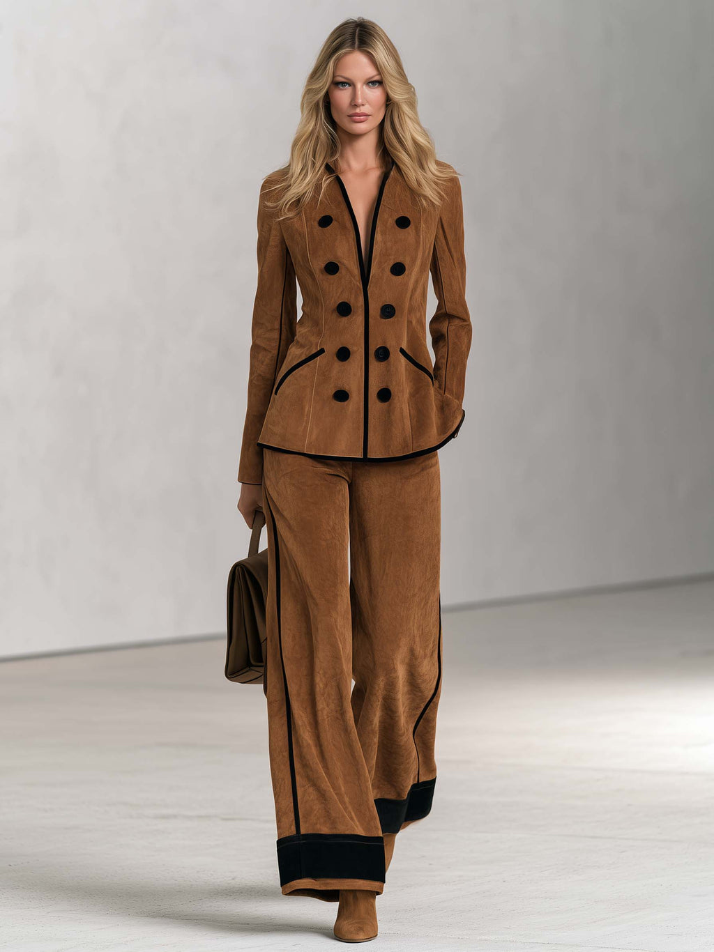 Vintage Cognac Faux Suede Double-Breasted Blazer And Wide-Leg Pants Set For Women