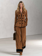 Vintage Cognac Faux Suede Double-Breasted Blazer And Wide-Leg Pants Set For Women
