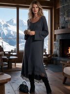 Stylish Round Neck Dark Gray Knit Long-sleeved Lace Midi Dress