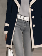 Casual Retro PU Trim Navy Blue Fleece Coat