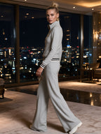 Fashionable Sporty Grey Half-zip Button Sweatshirt And Wide-leg Pants Set