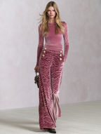 Retro Elegant Pink Zebra Print Velvet Two-Piece Maxi Set With Gold Buttons