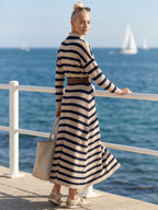 Retro Elegant Beige And Navy Striped Mock-Neck Belted Flared Knit Maxi Dress