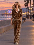 Vintage Western Leopard Trim Velvet Hooded Jacket And Wide-Leg Pants Set