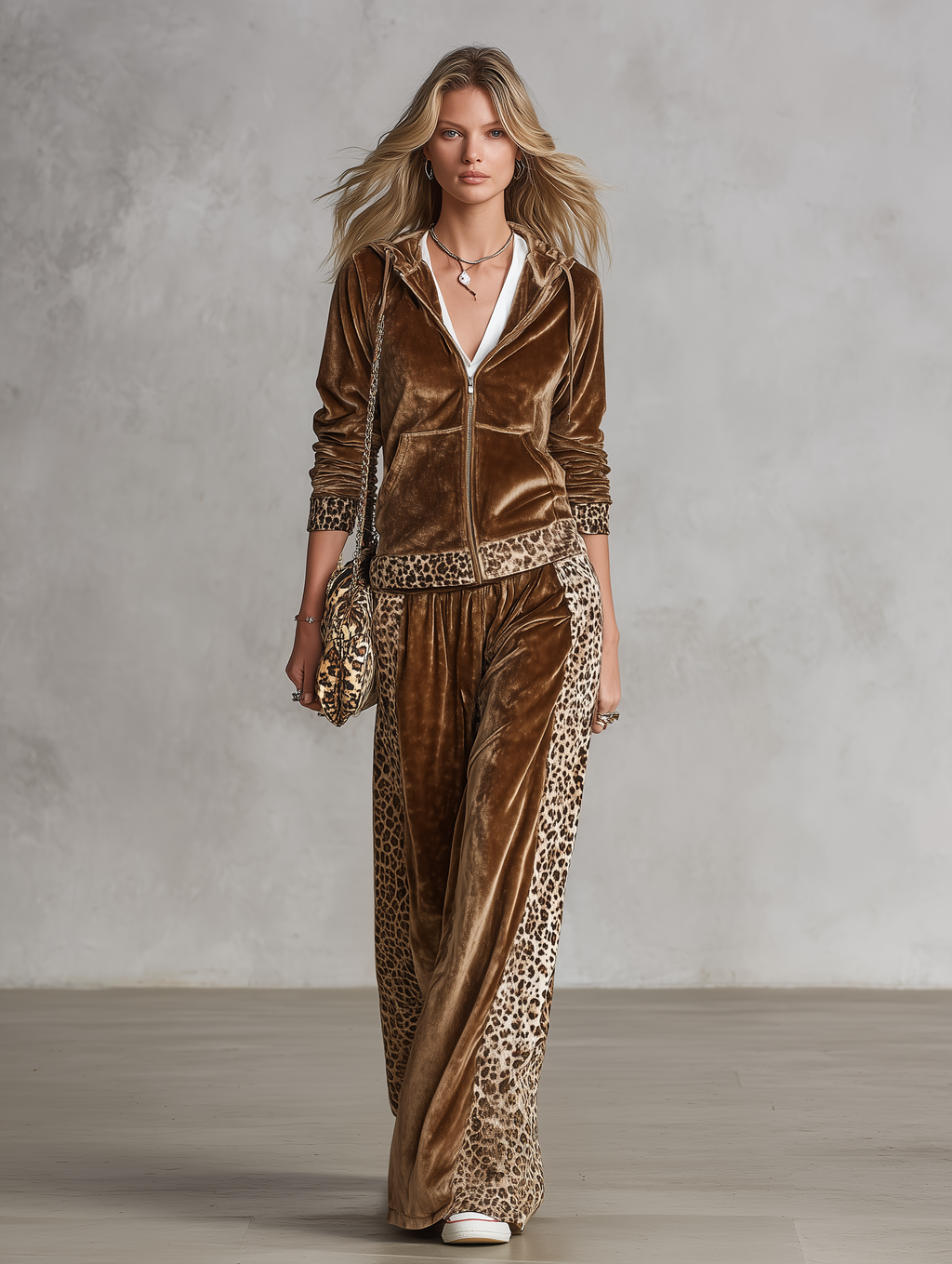 Vintage Western Leopard Trim Velvet Hooded Jacket And Wide-Leg Pants Set