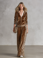 Vintage Western Leopard Trim Velvet Hooded Jacket And Wide-Leg Pants Set