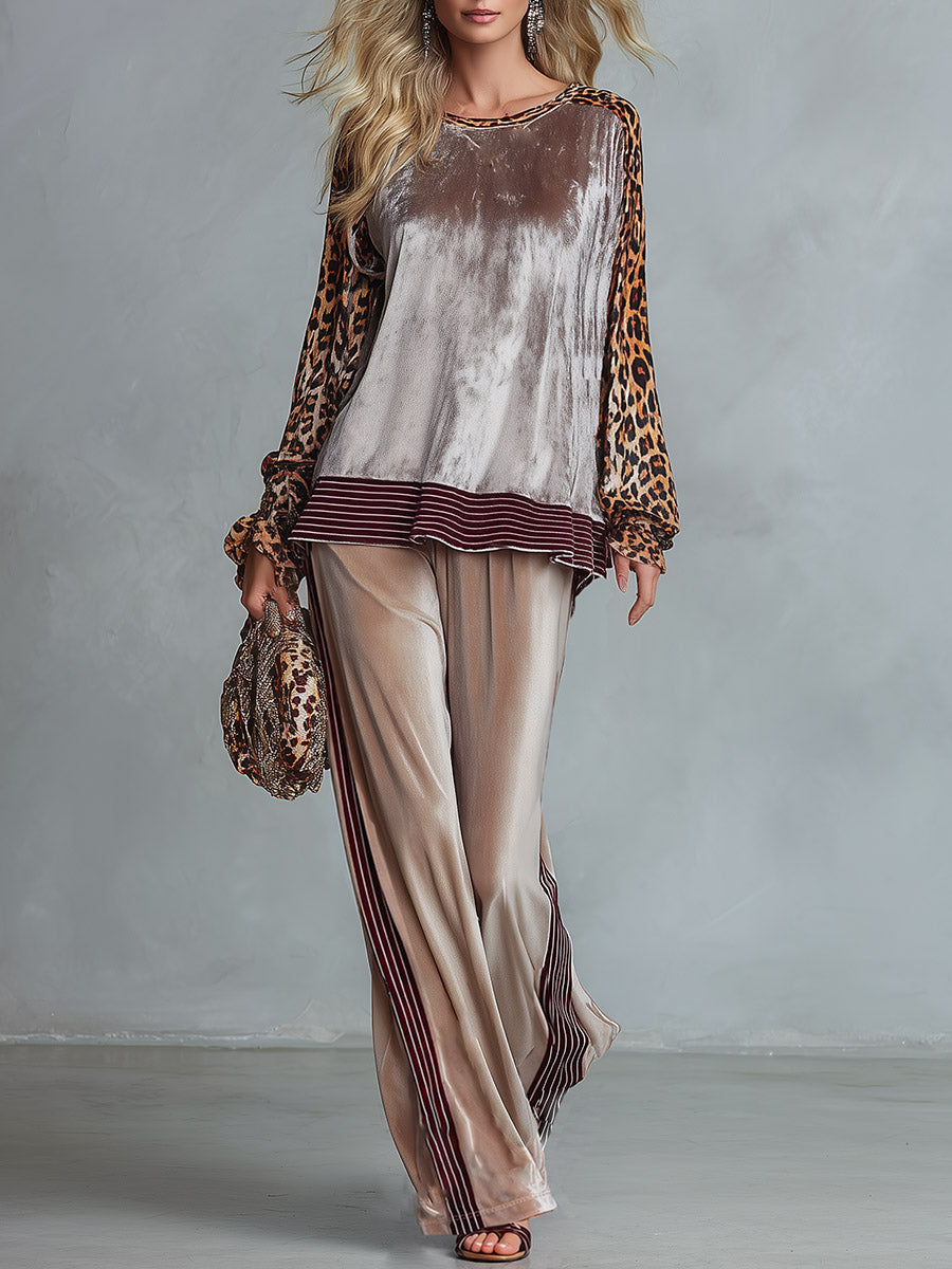 Retro Casual Leopard-Print Sleeve Top With Striped Trim & Wide-Leg Pants Velvet Set