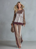 Retro Casual Leopard-Print Sleeve Top With Striped Trim & Wide-Leg Pants Velvet Set