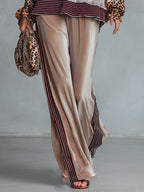 Retro Casual Leopard-Print Sleeve Top With Striped Trim & Wide-Leg Pants Velvet Set
