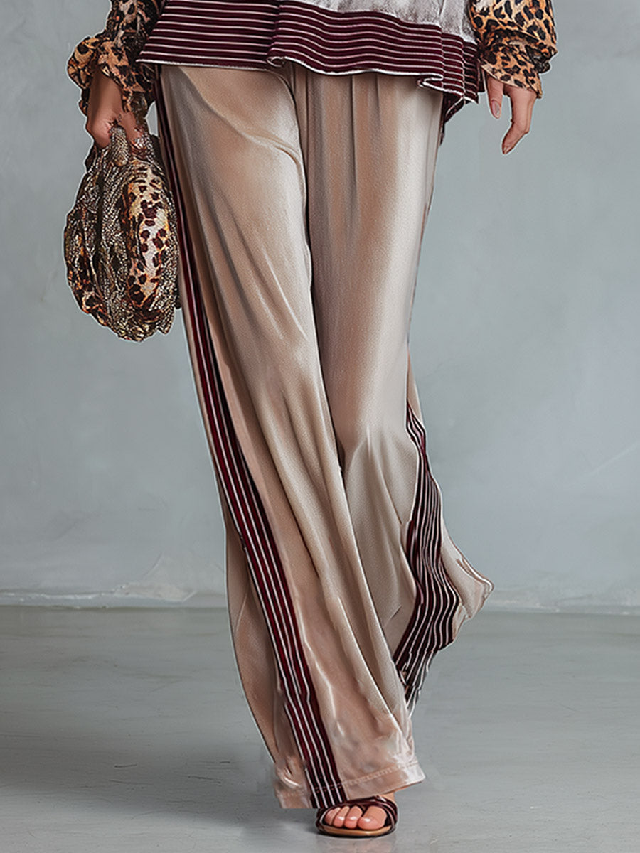 Retro Casual Leopard-Print Sleeve Top With Striped Trim & Wide-Leg Pants Velvet Set
